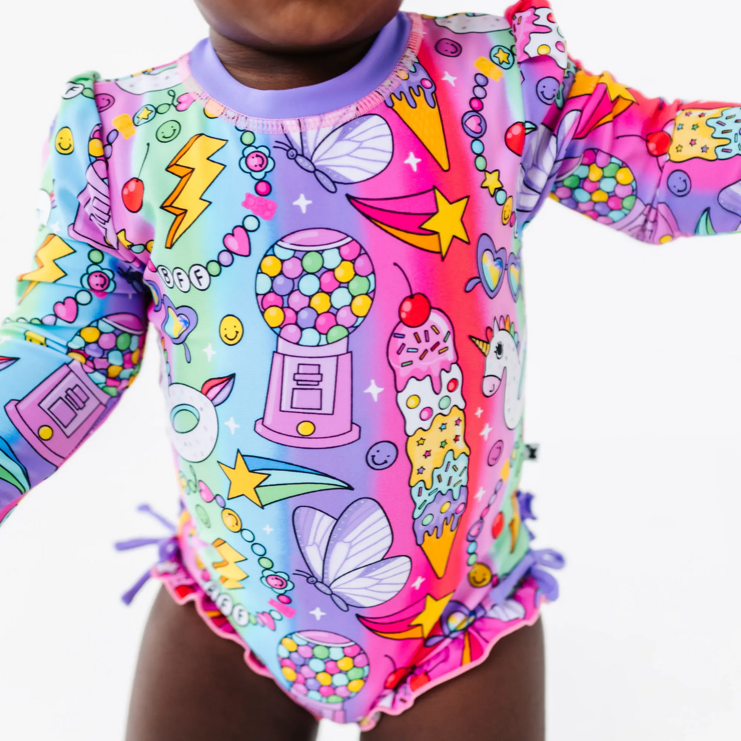 Cosmic Candyland Long Sleeve Ruffle Swimsuit