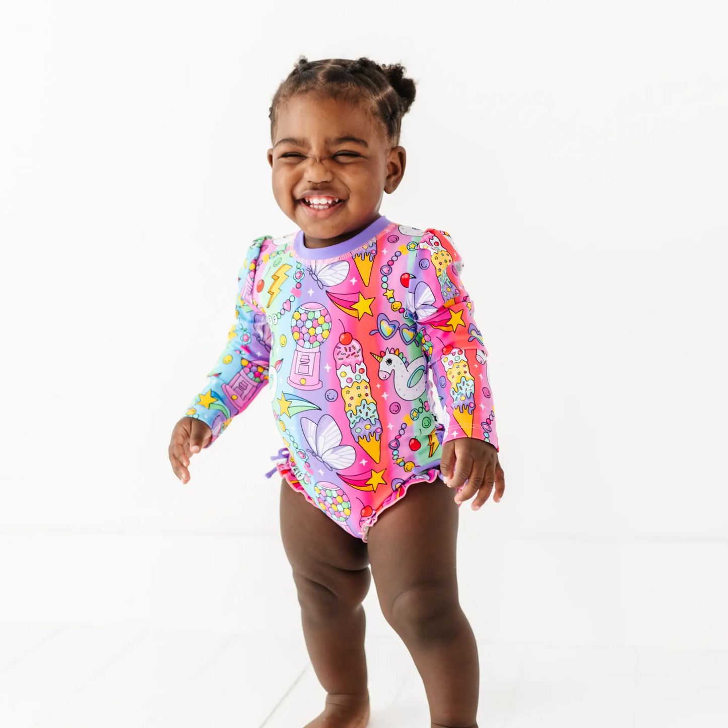 Cosmic Candyland Long Sleeve Ruffle Swimsuit