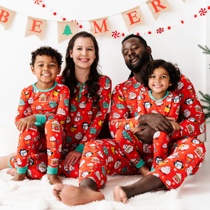 woman in family matching christmas pajamas