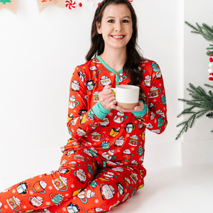 woman in family matching christmas pajamas