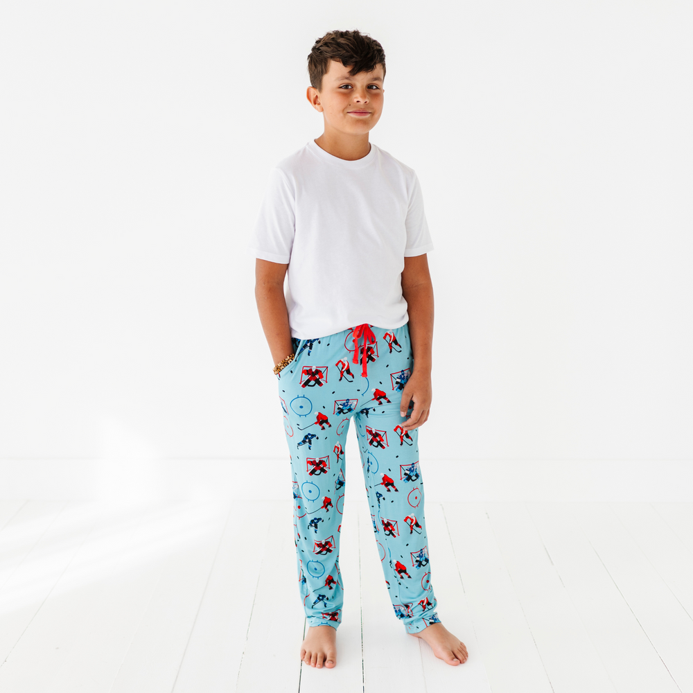 Boy in Hockey Pajama pants 