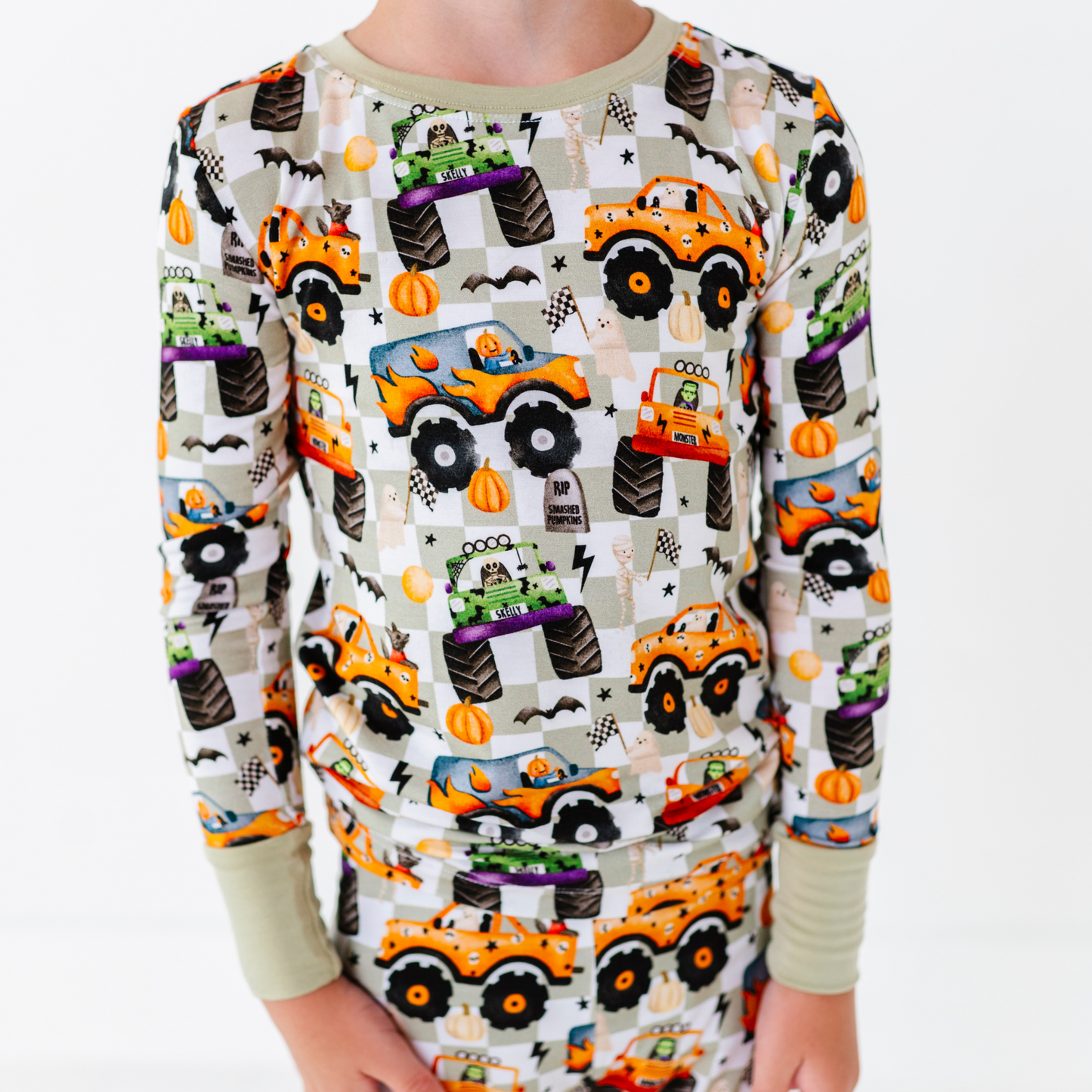 Boy in Monster Truck Halloween Pajamas