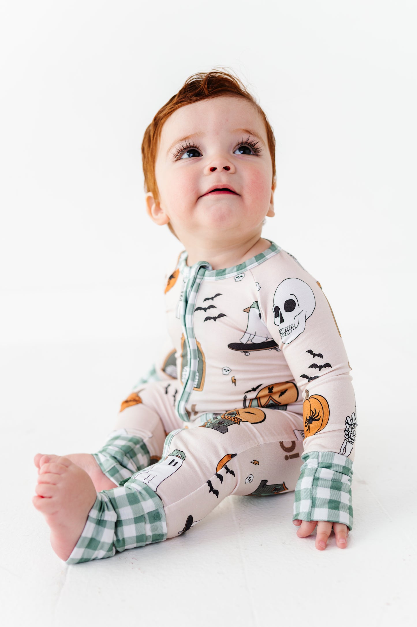 Kids Halloween PJs and footies for siblings in soft bamboo fabric