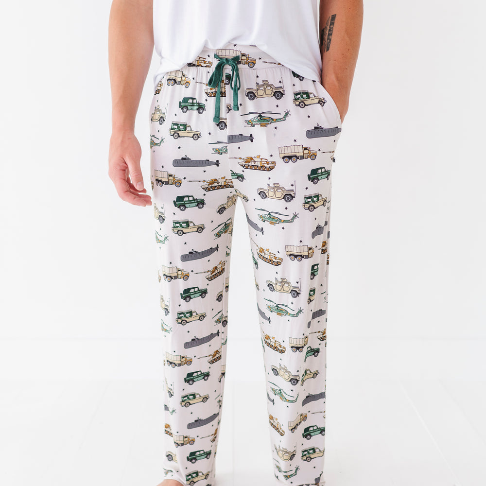 
                      
                        Man sporting  military vehicle pajamas
                      
                    