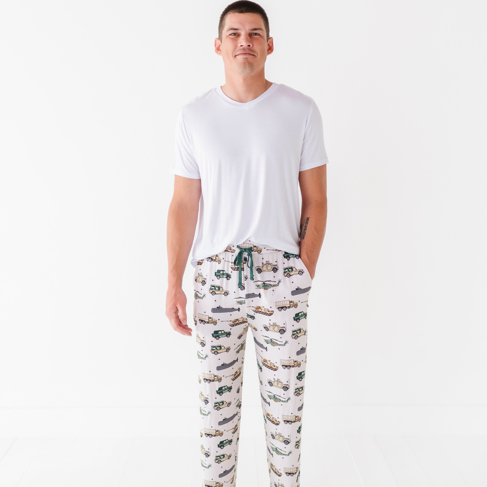 Man wearing military vehicle pajamas