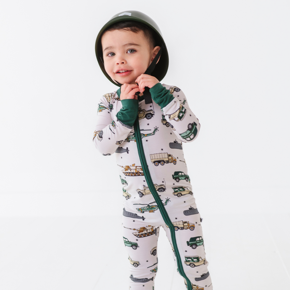 Boy in Military Vehicle Zip Pajamas