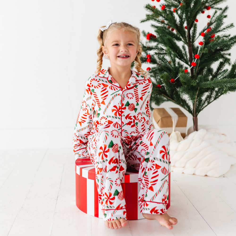 Girl in Peppermint Button Down Pajamas by Kiki and Lulu