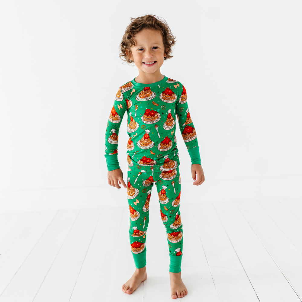 Boy wearing spaghetti pajamas by Kiki and Lulu