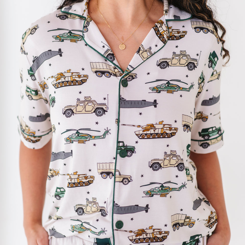 Woman wearing Military Vehicle Short Pajamas