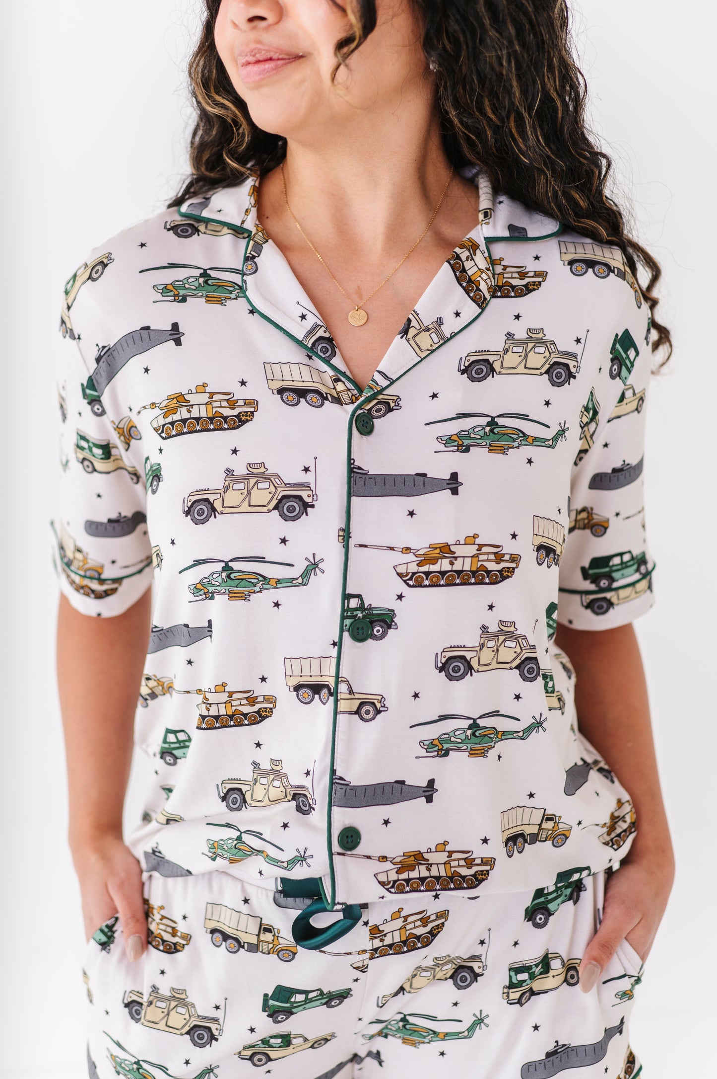 Woman wearing Military Vehicle Short Pajamas