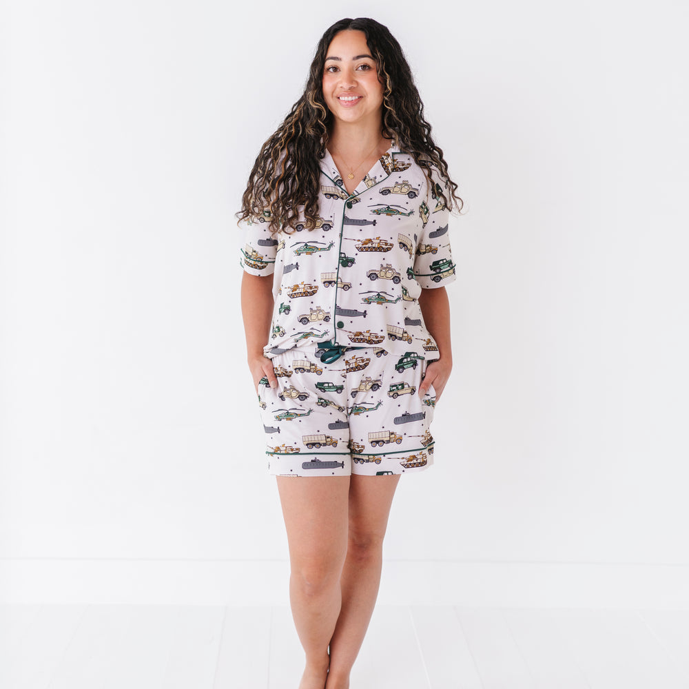 
                      
                        Woman sporting Military Vehicle Short Pajamas
                      
                    