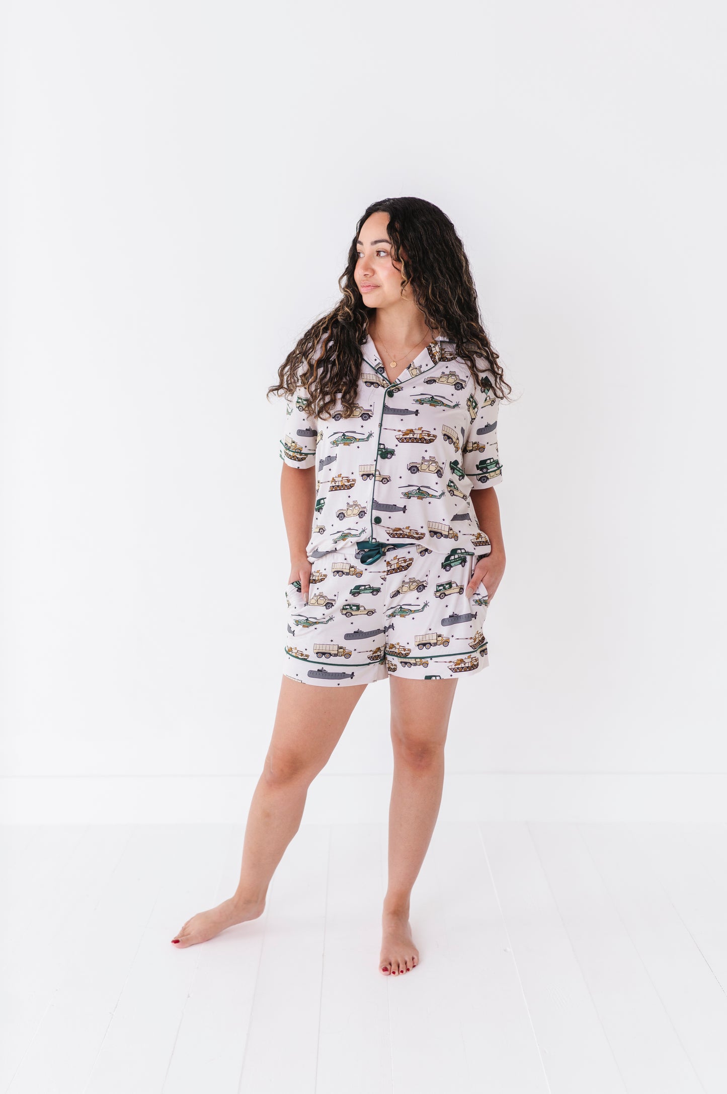 Woman rocking Military Vehicle Short Pajamas